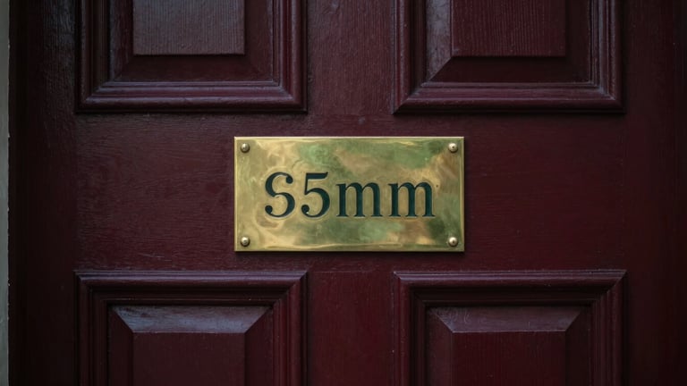 High-contrast close-up of an ornate, dark wood door and brass plaque of a historic financial institution, soft directional light highlighting texture. Editorial heritage photography, soft natural window light, muted deep crimson and forest green tones, 35mm, shallow depth of field.