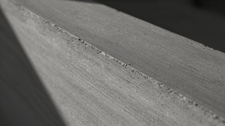 Extreme close-up of cured board-formed concrete texture with deep wood grain, raking side-light highlighting shadows, architectural photography style, desaturated slate tones