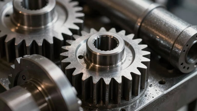 Extreme macro detail of precision-engineered industrial gears, high-contrast natural light on heavy steel.