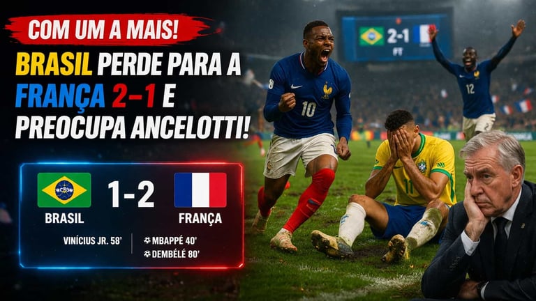 Com Um a Mais, Brasil Perde para a França 2-1 e Preocupa Ancelotti