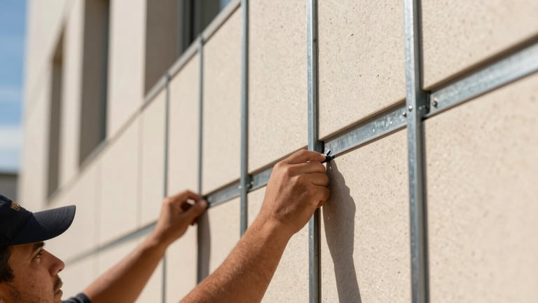 Extreme close-up of workers meticulously installing metal lath on a modern exterior wall, sharp details, bright natural daylight, architectural focus