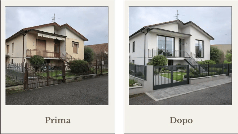 Prima e dopo della ristrutturazione dell'esterno di una casa di campagna che diventa villetta moderna