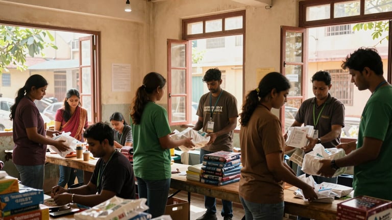 Candid wide shot of volunteers distributing supplies at a local community center in Goregaon, warm sunlight streaming through windows, documentary style, natural lighting.