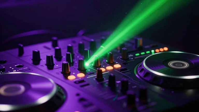 Macro shot of a high-end DJ mixer glowing under moody violet and neon green club lights, shallow depth of field, dust particles visible in the light beams
