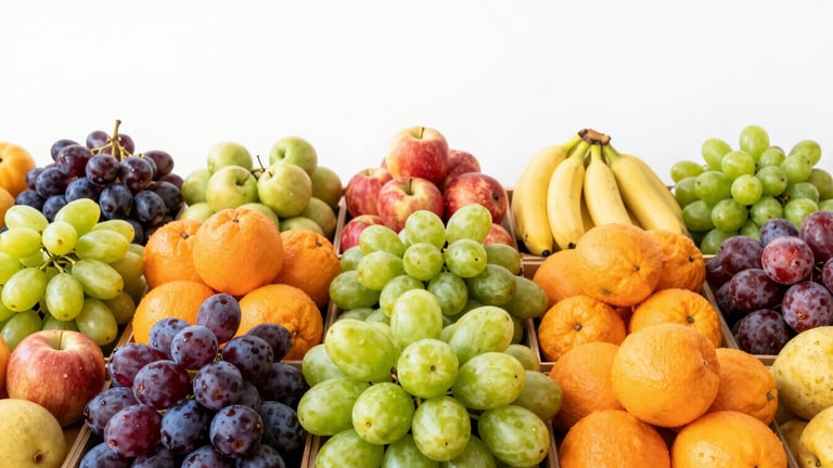 Wide panoramic shot of vibrant fresh fruit display, abundant and colorful, bright commercial photography, clean natural daylight, vibrant saturated colors, crisp focus, high-key depth of field, low horizon, 35mm lens