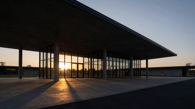 Wide sweeping architectural perspective of a modern concrete and glass pavilion at sunset, dramatic low-key shadows, golden reflections, 35mm