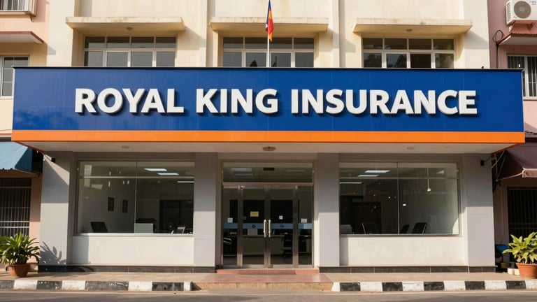 Wide shot of Royal King Insurance office building facade on Chidambaram Nagar Main Road, Thoothukudi, under bright daylight, clean and professional, with clear signage.