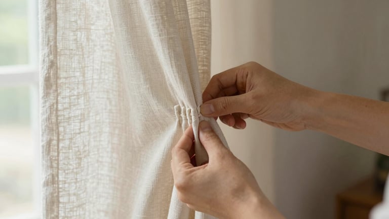 Close-up of skilled hands pinning pleats on a premium linen curtain fabric, workroom setting with soft natural light, shallow depth of field.