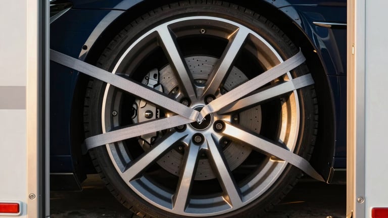 Close-up of a luxury sports car wheel secured by soft-tie straps inside a clean, modern enclosed trailer, shallow depth of field, warm lighting