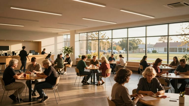 Wide panoramic view of a modern, warm-toned community center interior, filled with natural light, showing people of various ages engaged in activities, soft focus, golden hour light, candid environmental portrait style.