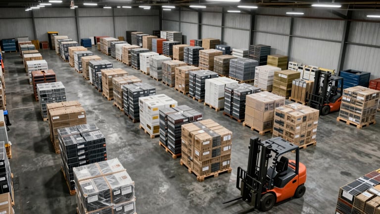 Wide overhead shot of warehouse interior, rows of industrial goods organized on pallets, overhead fluorescent lighting, forklifts moving cargo, concrete floor, emphasizing organized density and systematic placement