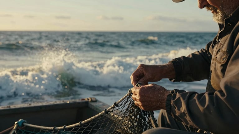 Cinematic wide 2.39:1 crop. Golden hour light hitting the weathered hands of an old fisherman repairing a dark net, dramatic sea spray in the background, high-contrast.