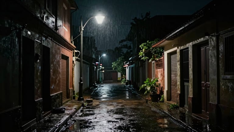 Cinematic wide 2.39:1 crop. High-contrast chiaroscuro lighting on a rain-slicked alley in Fort Kochi at night, a single glowing streetlamp illuminating wet asphalt, dark silhouettes in the background.
