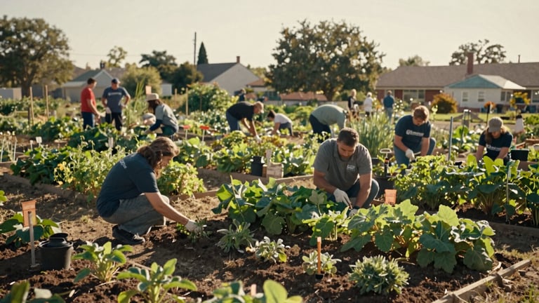Wide panoramic shot of a sunlit community garden in the late afternoon, local leaders and volunteers working together in the background, warm natural daylight, 35mm film grain