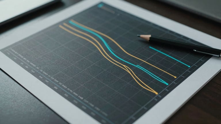 Overhead close-up of a printed fund projection chart spread on a dark desk, gold and cyan data lines plotted across a dark grid, a mechanical pencil resting at the edge of the sheet, cool desaturated office daylight from the left