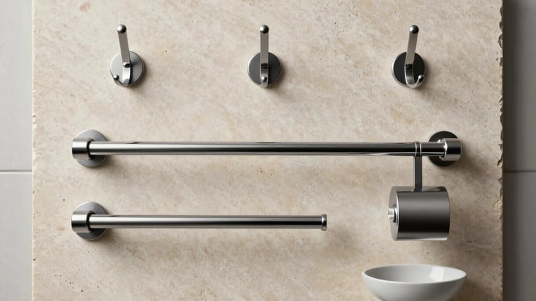 Flat-lay product arrangement of premium bathroom accessories — robe hook, towel bar, toilet roll holder, soap dish — on a large pale stone slab, soft diffused overhead studio lighting, chrome and matte-black finishes, architectural composition, no text or props