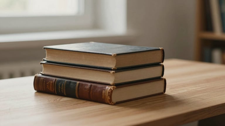 Close-up of a stack of old, leather-bound books on a minimalist wooden desk, soft indirect daylight from a window, shallow depth of field, warm editorial photography.