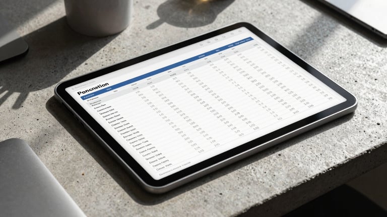 A high-contrast macro shot of a tablet displaying a complex financial spreadsheet on a concrete desk, sharp architectural shadows, modern workplace.
