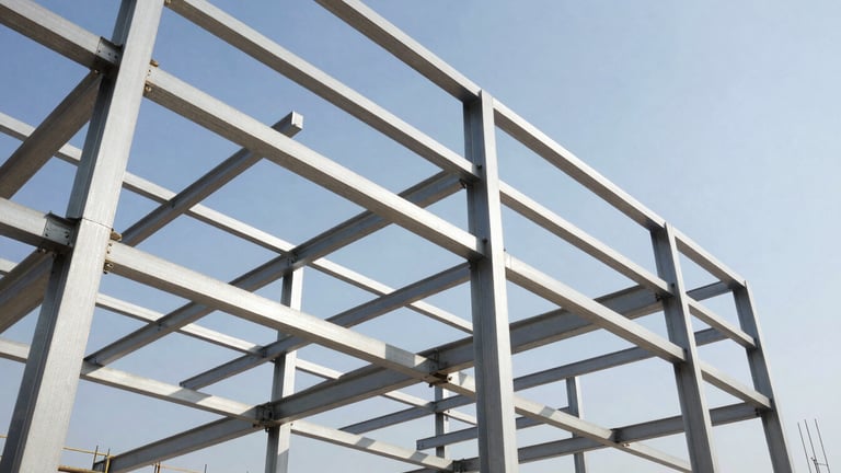Active high-end construction site with clean geometric steel framing shot from a low angle, crisp daylight, sharp shadows.