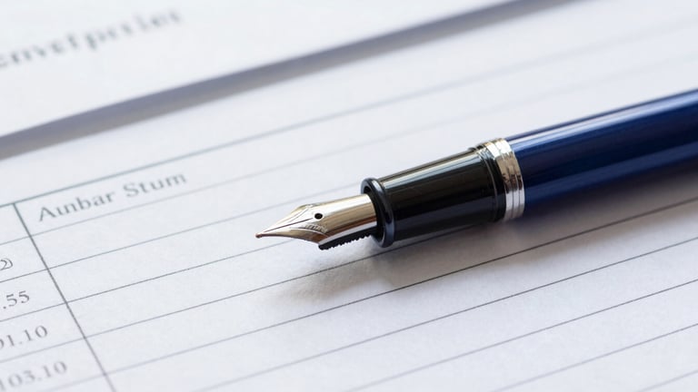 Macro shot of a fountain pen resting on structured audit paperwork, crisp white ledger paper, deep navy ink accents, sharp focus, cool window daylight.