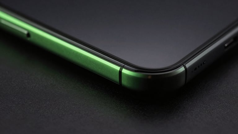 Macro studio photography of a sleek dark smartphone edge, low-key lighting, sharp neon green reflection on the glass boundary, deep charcoal background