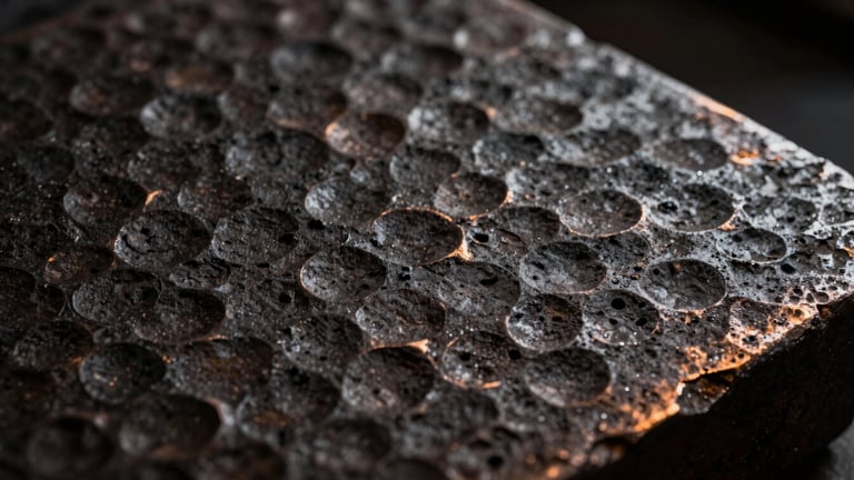 Macro shot of hand-hammered charcoal iron texture, showing raw hammer marks and subtle bronze highlights, dramatic low-key lighting.