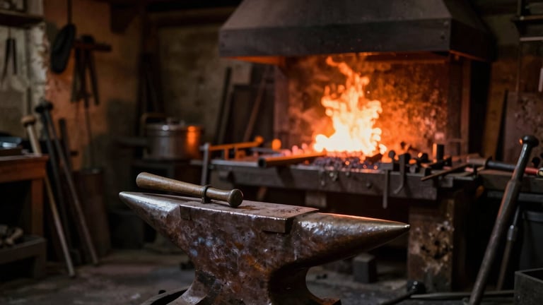 Wide panoramic view of a dark Italian blacksmith workshop, a glowing orange forge in the background casting dramatic light on an anvil and heavy iron tools, chiaroscuro atmosphere.
