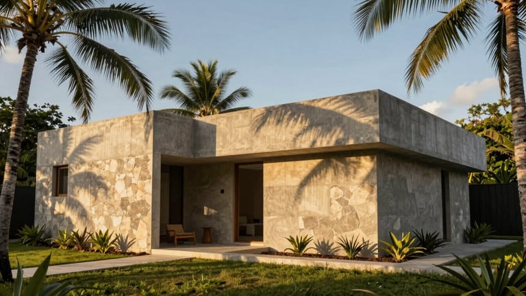 Architectural concrete villa blending into local Zanzibari stone, lush tropical palms, golden hour lighting casting long soft shadows.