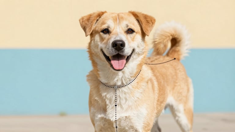 Bright graphic diagram of a happy dog showing dotted lines for neck, chest, and back measurements, clean colorful background, warm daylight style.