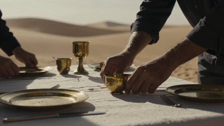 An intimate close-up of hands arranging a private luxury camp table in the Moroccan desert, heavy shadows, soft overcast daylight, rich textures of linen and brass