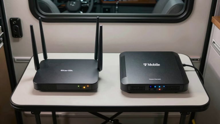 Side-by-side overhead shot on a folding table inside an RV: a Starlink router on the left, a T-Mobile Home Internet gateway on the right, both powered on with indicator lights visible, even interior lighting, no people