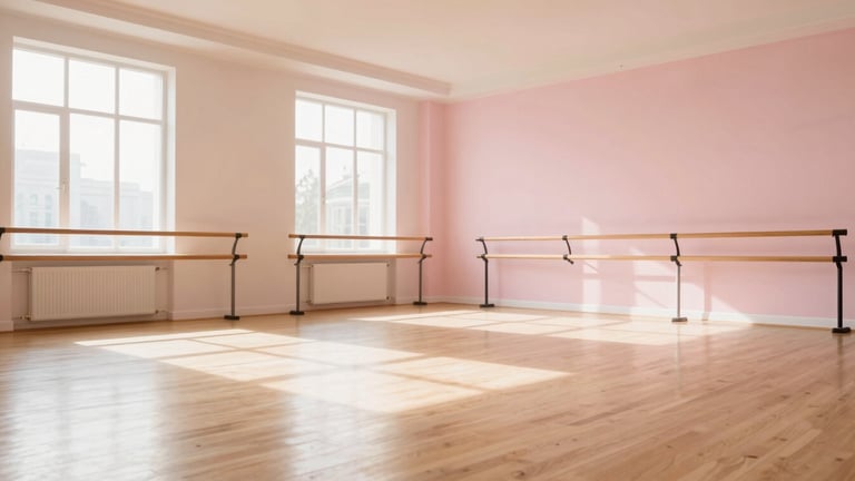 Wide panoramic view of a bright, sun-drenched dance studio interior, large windows letting in natural light, pristine wooden floor, ballet barres along one wall, soft powder pink and warm sand-beige accents, luminous editorial photography.