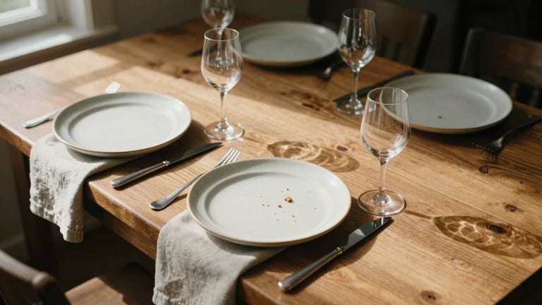Overhead tablescape of a rustic wooden dining table, linen napkins, ceramic plates with crumbs, empty wine glasses, soft afternoon directional window light, warm earthy tones, 35mm film