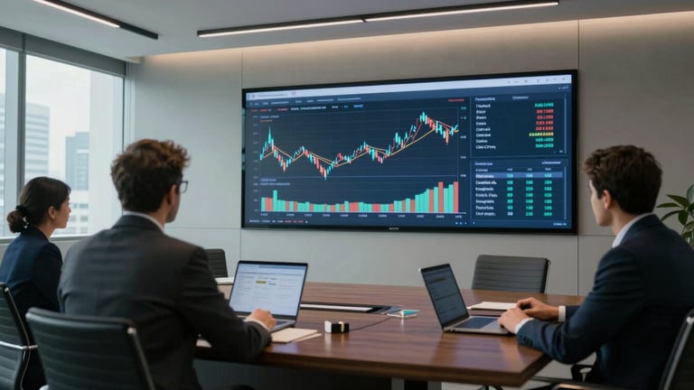Wide angle view of a modern corporate boardroom in São Paulo, cool natural light, a large digital dashboard displaying cash flow projections on the wall, executive in soft focus.