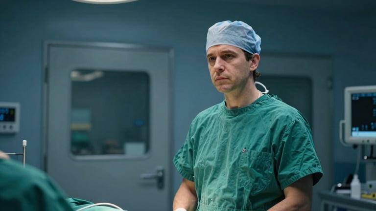 Cinematic over-the-shoulder shot of a European surgeon in green scrubs standing before the sterile operating room doors, cool clinical lighting.