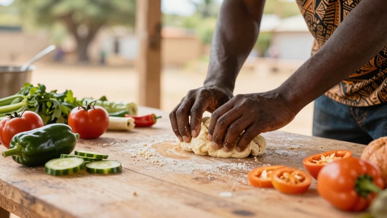 Wide panoramic 21:9 frame of hands preparing a traditional African or Caribbean meal, kneading dough or chopping fresh vegetables on a clean wooden surface, warm natural daylight, rich saturated colors, shallow depth of field, 35mm lens, low horizon.