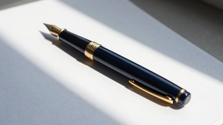 Close-up of a fountain pen resting on a structured contract, sharp geometric shadows, deep navy and gold accents, minimalist professional workspace, 35mm.