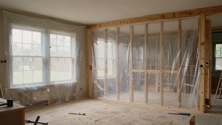 Wide panoramic shot of a clean, active historic home renovation site, showing clear plastic dust-containment walls, exposed timber framing, and tools neatly organized. Soft, diffused natural light from large windows. Muted earthy tones, tactile textures.