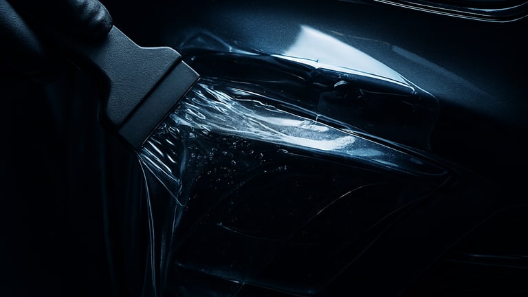 Macro close-up of a squeegee pressing out water under clear paint protection film on the bumper of a luxury SUV, sharp studio lighting highlighting the seamless edge wrap.