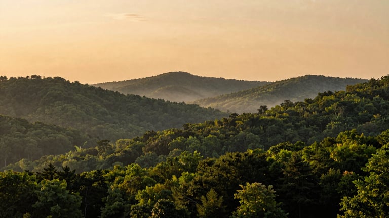 Scenic panoramic landscape of Cherokee County hills at golden hour, deep green forests, soft mist rising from the valleys, warm clay-toned horizon