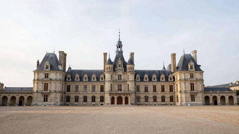 The historic Château de Compiègne facade under soft overcast sky, wide-angle architectural photography, serene and empty square, 35mm