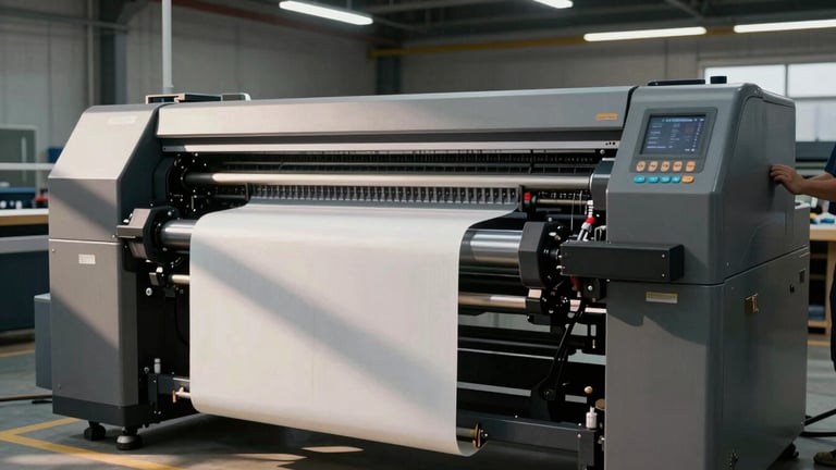 Wide shot of a large eco-solvent wide-format printer running a print job on a production floor, media roll feeding through the machine, operator hand visible at the control panel on the right side, overhead factory lighting casting hard shadows on the machine casing