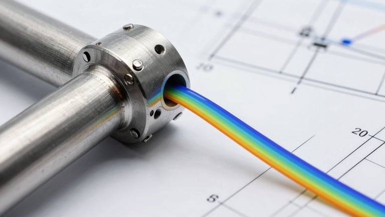 Scientific CFD flow simulation graphic of a pneumatic pipe bend, colored velocity vectors showing smooth laminar flow, high-contrast technical blueprint aesthetic.