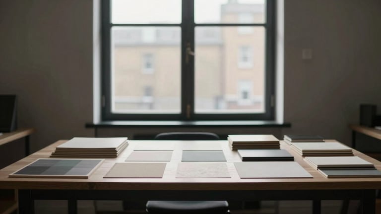 Wide environmental shot of a minimalist London design studio interior, featuring a large drafting table, material samples, and soft natural light from a tall window, deep soft shadows