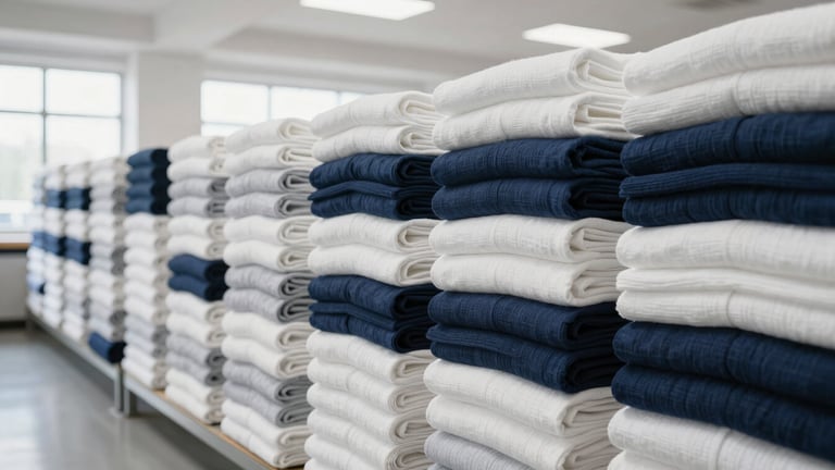 Wide, airy environmental shot of a modern textile facility's storage area, perfectly stacked, neatly folded white and navy blue linen products reaching to the ceiling, soft natural window light illuminating the textures, clean architectural lines, shallow depth of field, sense of order and abundance.