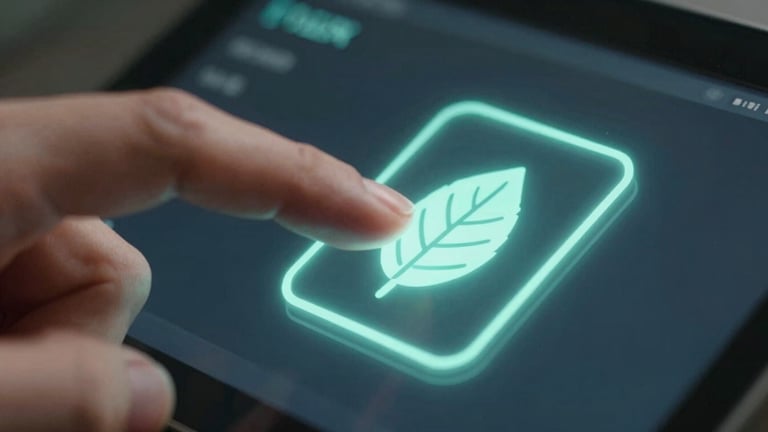 Extreme close-up of a thumb pressing a glowing cyber-mint virtual button on a dark glass screen, subtle mint edge-lighting, shallow depth of field