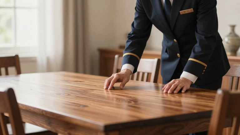 A professional furniture appraiser in a neat uniform examining the polished surface of a wooden dining table, soft natural light, shallow depth of field.