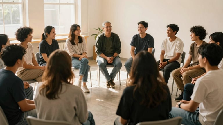 Warm editorial photograph of a diverse group of people sitting in a circle in a sunlit community room, talking and laughing, 35mm