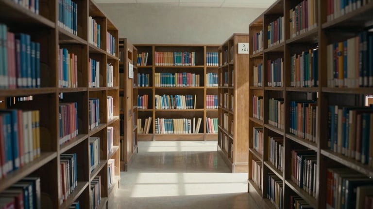 Wide environmental shot of a quiet, sunlit library interior in India, rows of old wooden bookshelves, soft diffused natural daylight, high-contrast shadows.