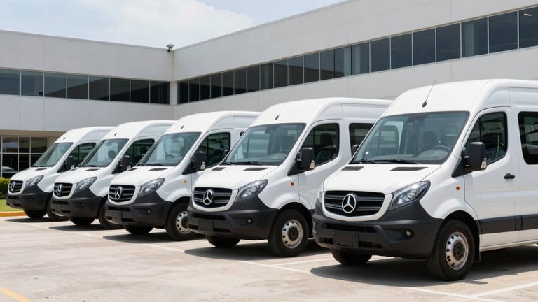 Wide shot of a line of clean, modern Atiras Group commercial trucks parked neatly in a secure yard under bright daylight, Silver Spring office building in the background, sharp focus.